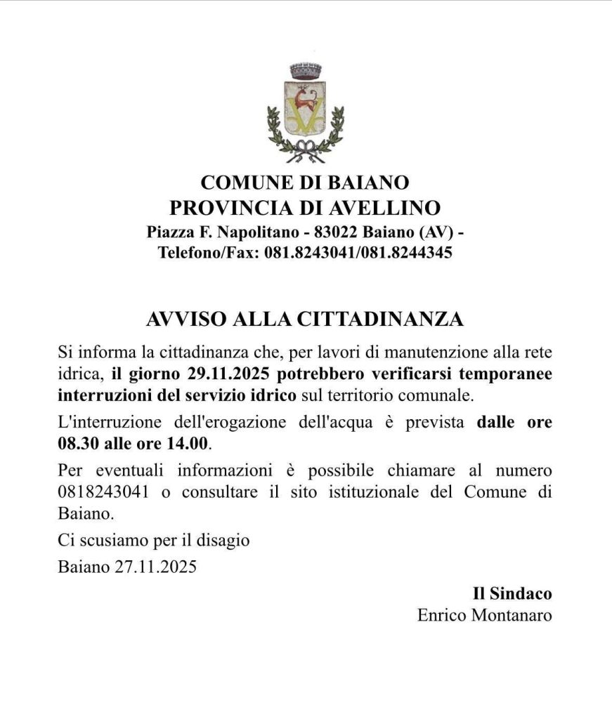 Baiano, possibili interruzioni idriche il 29 novembre: lavori alla rete dalle 8:30 alle 14