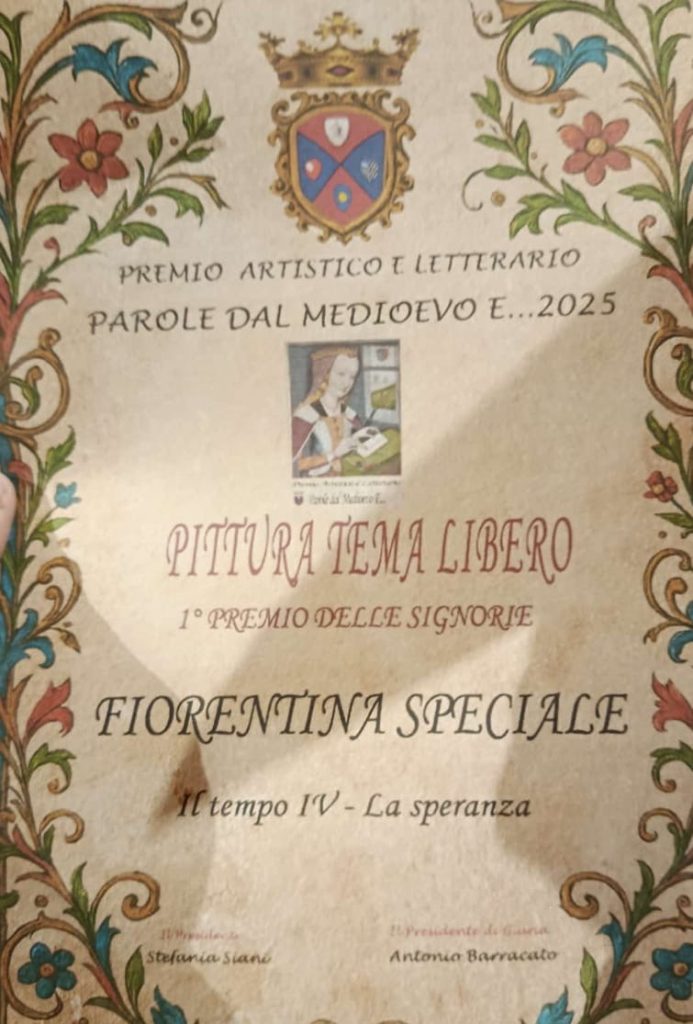 Forino ( Av): La Pittrice Fiorentina  Speciale protagonista con uno strepitoso Primo Posto al Premio Aristico  Letterario  Parole dal Medioevo di Rocca San Felice