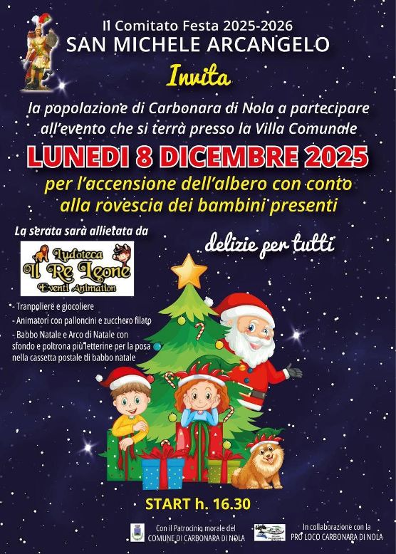 Carbonara di Nola accende il Natale: il 8 dicembre festa in Villa Comunale tra magia, giochi e dolcezze Carbonara di Nola accende il Natale: il 8 dicembre festa in Villa Comunale tra magia, giochi e dolcezze