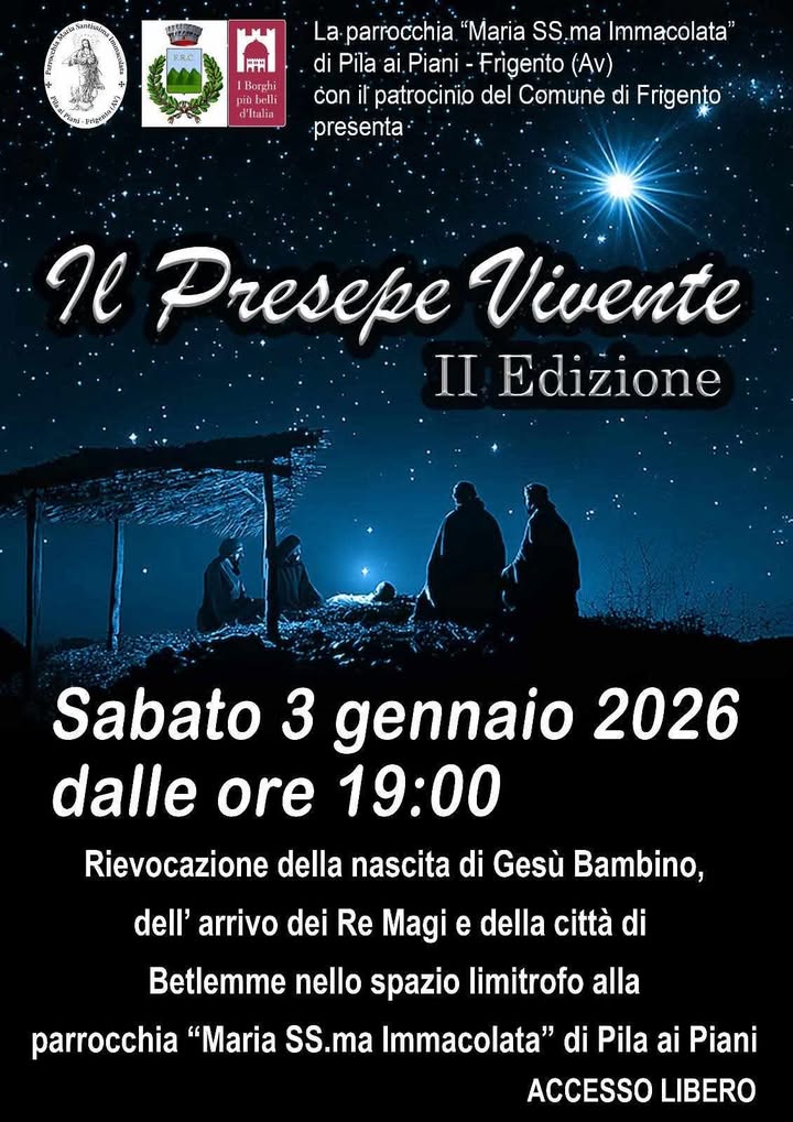 A Frigento torna “Il Presepe Vivente”: sabato 3 gennaio la II edizione tra fede, tradizione e comunità A Frigento torna “Il Presepe Vivente”: sabato 3 gennaio la II edizione tra fede, tradizione e comunità