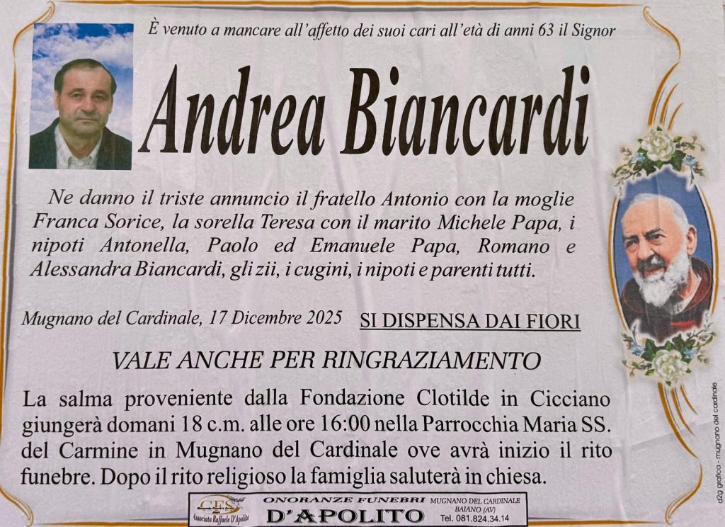 Mugnano del Cardinale piange Andrea Biancardi, venuto a mancare all’età di 63 anni. Mugnano del Cardinale piange Andrea Biancardi, venuto a mancare all’età di 63 anni.