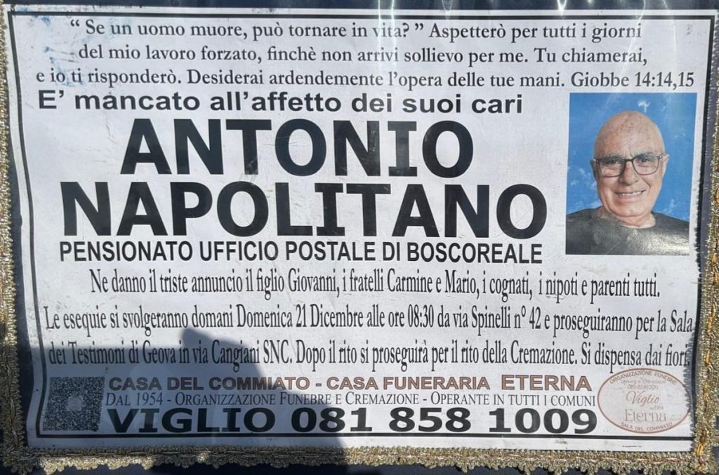 NON È PIÙ’. Boscoreale, lutto per la scomparsa di Antonio Napolitano NON È PIÙ’. Boscoreale, lutto per la scomparsa di Antonio Napolitano