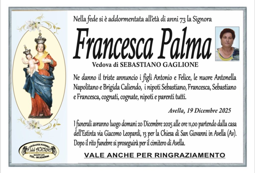 NON È PIÙ. Avella, lutto per la scomparsa di Francesca Palma