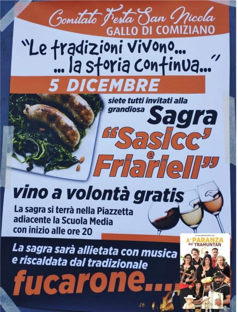 La tradizione continua: il 5 dicembre torna la Sagra “Sasicc’ e Friariell” a Gallo di Comiziano