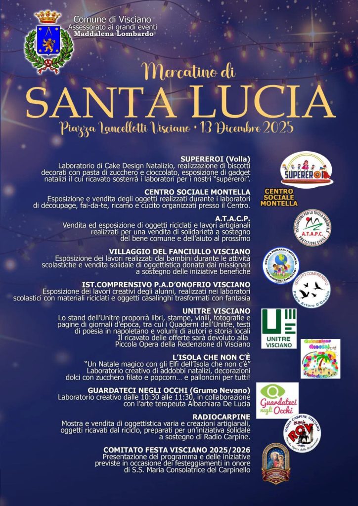 Visciano celebra Santa Lucia: il 13 dicembre torna il Mercatino tra solidarietà, arte e tradizione Visciano celebra Santa Lucia: il 13 dicembre torna il Mercatino tra solidarietà, arte e tradizione