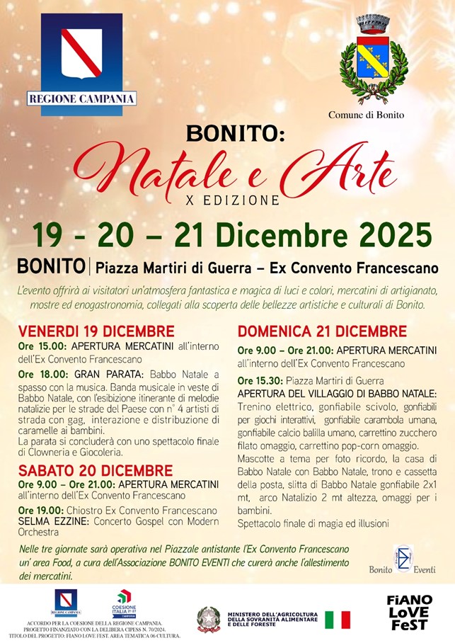 A Bonito la X edizione di “Natale e Arte” 19 – 20 – 21 dicembre 2025 tra Luci d’Artista, mercatini ed enogastronomia