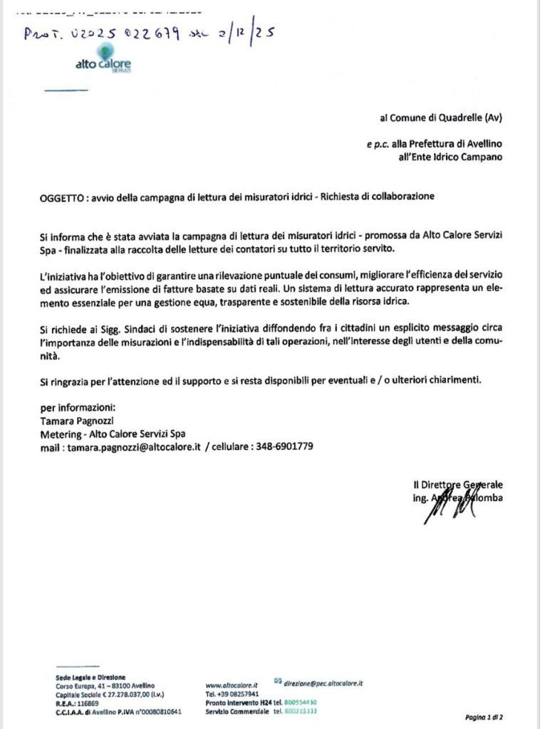 Quadrelle: avviata la nuova campagna di lettura dei misuratori idrici