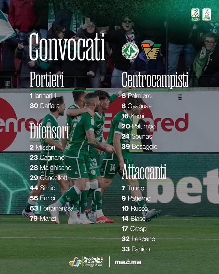 Avellino Venezia, i convocati di Biancolino