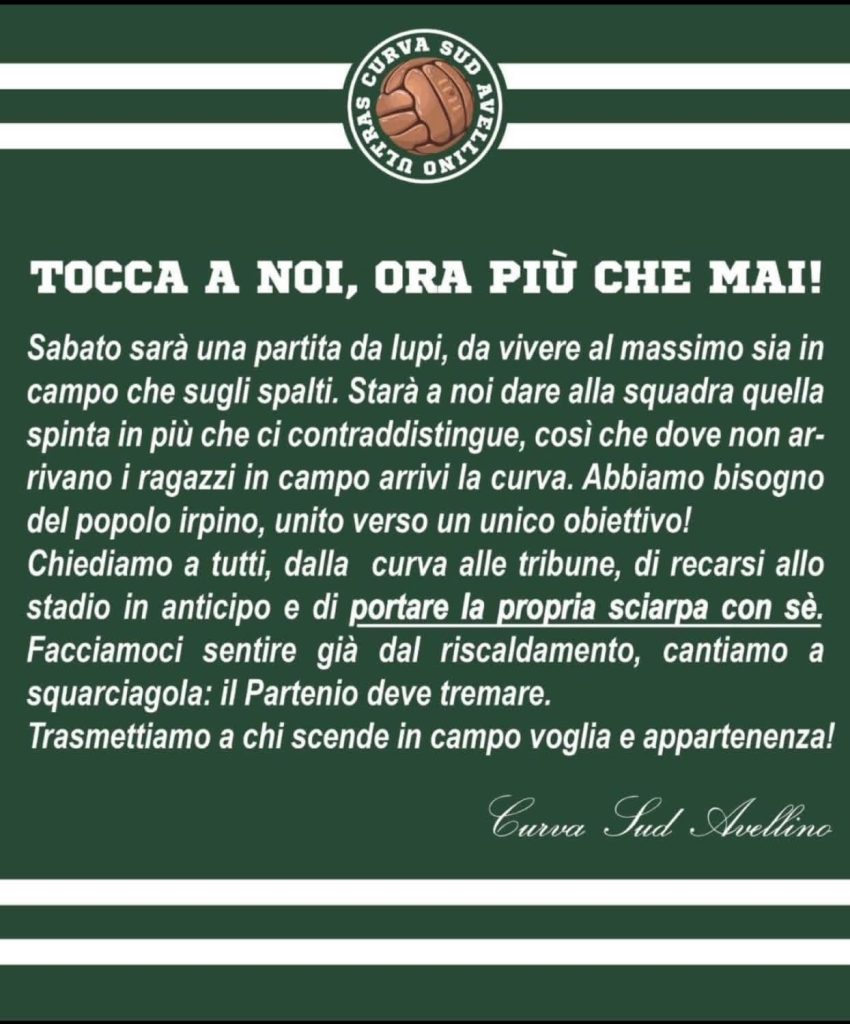 Curva Sud Avellino, l’appello alla vigilia: “Tocca a noi, ora più che mai” Curva Sud Avellino, l’appello alla vigilia: “Tocca a noi, ora più che mai”