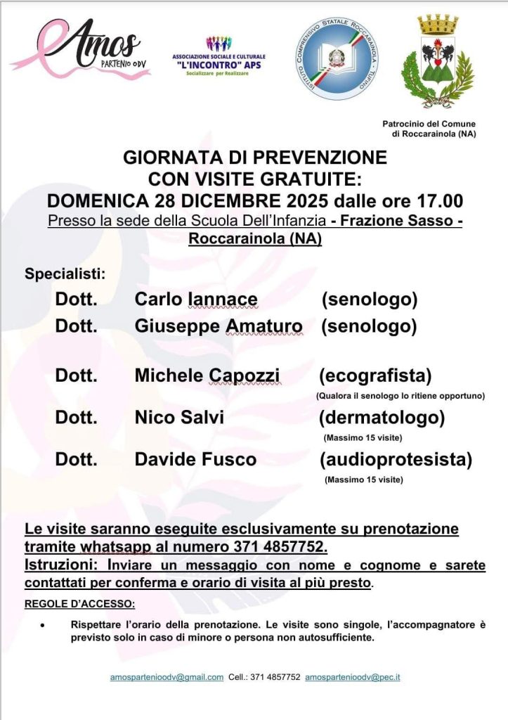 Roccarainola, giornata di prevenzione con visite gratuite: appuntamento il 28 dicembre a Sasso