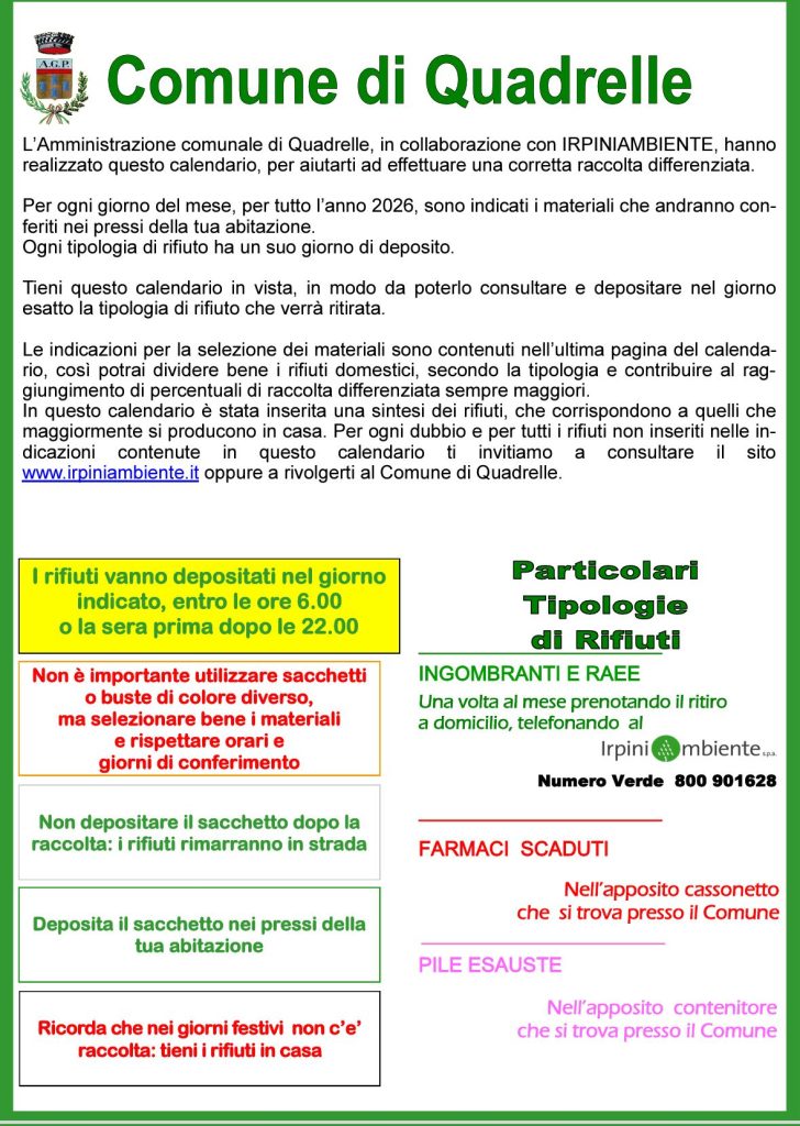 Quadrelle, pubblicato il calendario della raccolta differenziata 2026