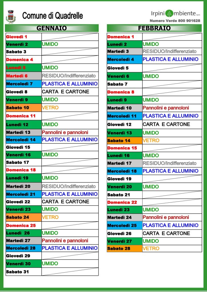Quadrelle, pubblicato il calendario della raccolta differenziata 2026