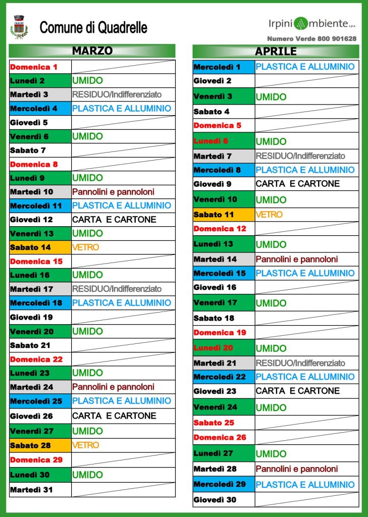 Quadrelle, pubblicato il calendario della raccolta differenziata 2026