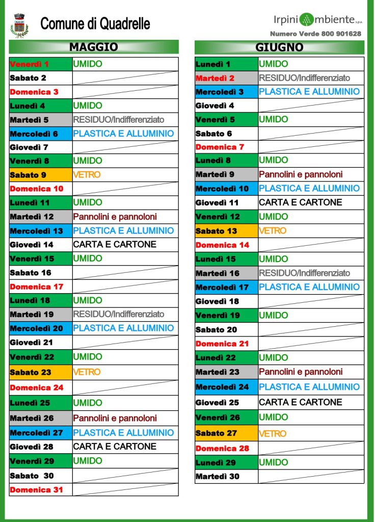 Quadrelle, pubblicato il calendario della raccolta differenziata 2026
