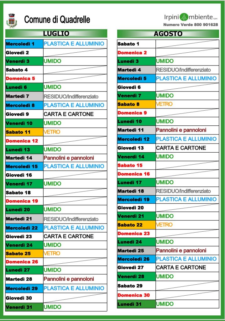 Quadrelle, pubblicato il calendario della raccolta differenziata 2026