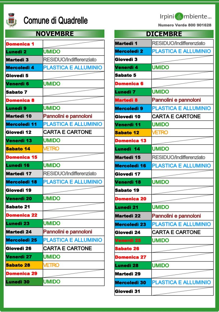 Quadrelle, pubblicato il calendario della raccolta differenziata 2026