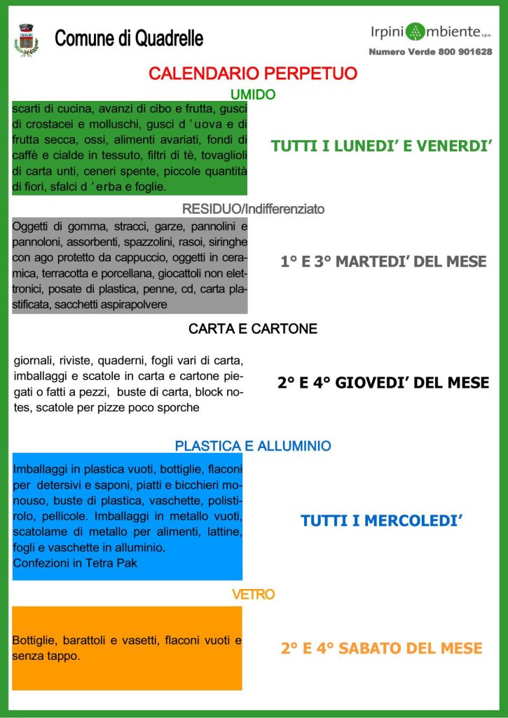 Quadrelle, pubblicato il calendario della raccolta differenziata 2026