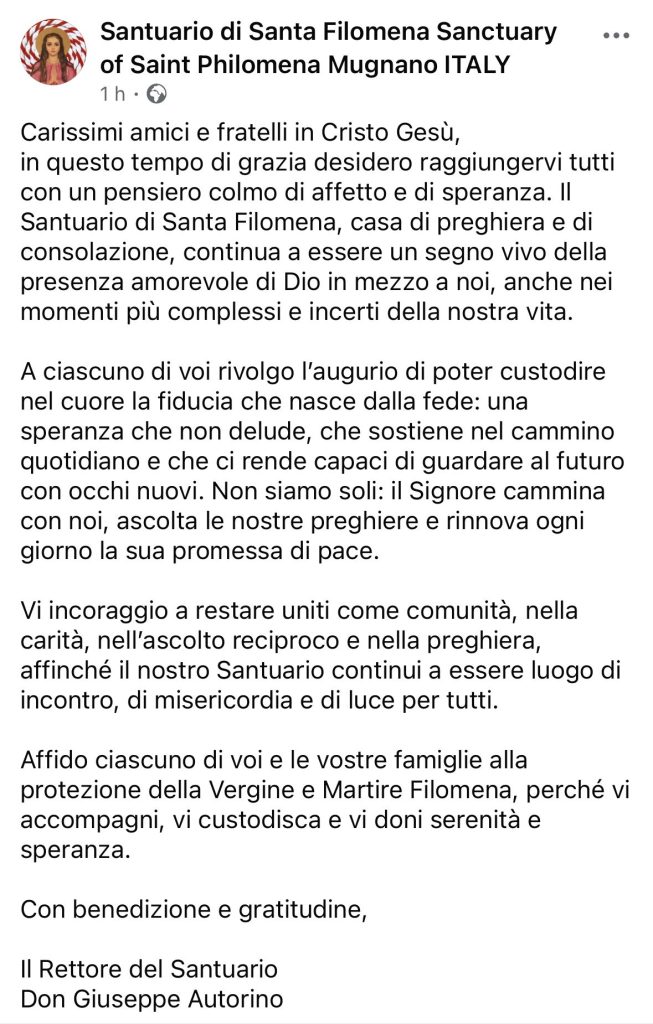 Santuario di Santa Filomena, il messaggio del rettore: “Fede e speranza per affrontare il nostro tempo” Santuario di Santa Filomena, il messaggio del rettore: “Fede e speranza per affrontare il nostro tempo”