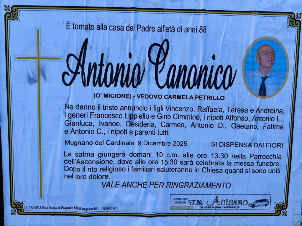 NON È PIÙ. Mugnano del Cardinale piange Antonio Canonico, “O’ Micione”: aveva 88 ann