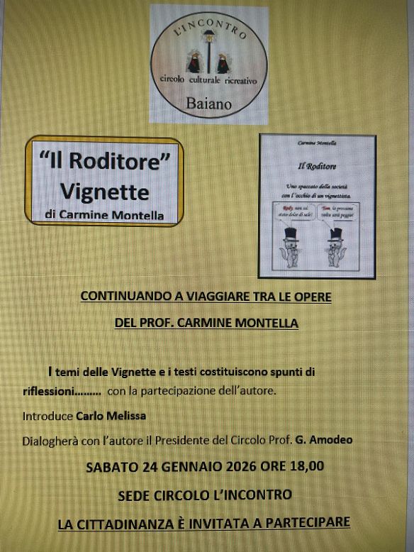 BAIANO. Vezzi e … vizi comuni nell’ironia di Carmine Montella. All’Incontro vignette in video, raccontando ieri e oggi nel locale e nel globale