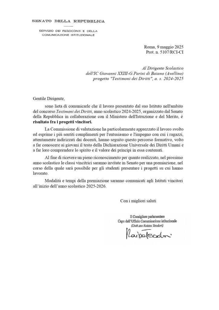 Gli studenti dell’Istituto Comprensivo Giovanni XXIII – G. Parini di Baiano/Sperone saranno protagonisti al Senato della Repubblica il 3 febbraio. Gli studenti dell’Istituto Comprensivo Giovanni XXIII – G. Parini di Baiano/Sperone saranno protagonisti al Senato della Repubblica il 3 febbraio.