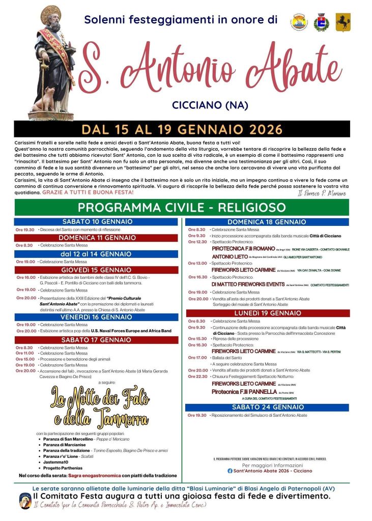 Cicciano celebra Sant’Antonio Abate: fede, tradizione e comunità dal 15 al 19 gennaio 2026 Cicciano celebra Sant’Antonio Abate: fede, tradizione e comunità dal 15 al 19 gennaio 2026