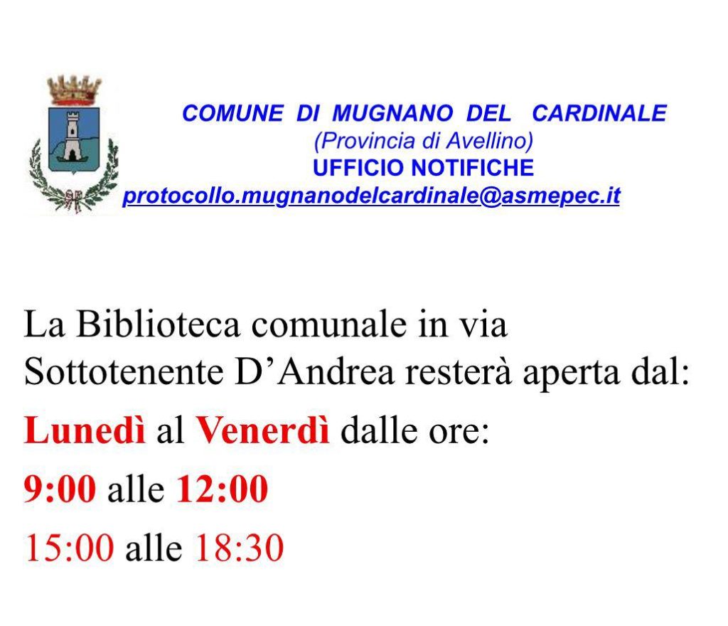 Mugnano del Cardinale, orari confermati per la Biblioteca comunale Mugnano del Cardinale, orari confermati per la Biblioteca comunale