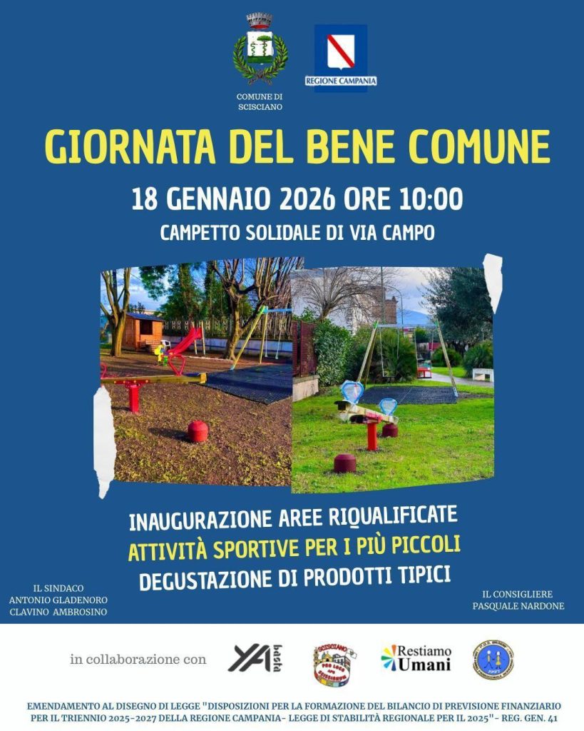 Scisciano, il 18 gennaio la “Giornata dei Beni Comuni” tra spazi riqualificati e attività per i più piccoli Scisciano, il 18 gennaio la “Giornata dei Beni Comuni” tra spazi riqualificati e attività per i più piccoli