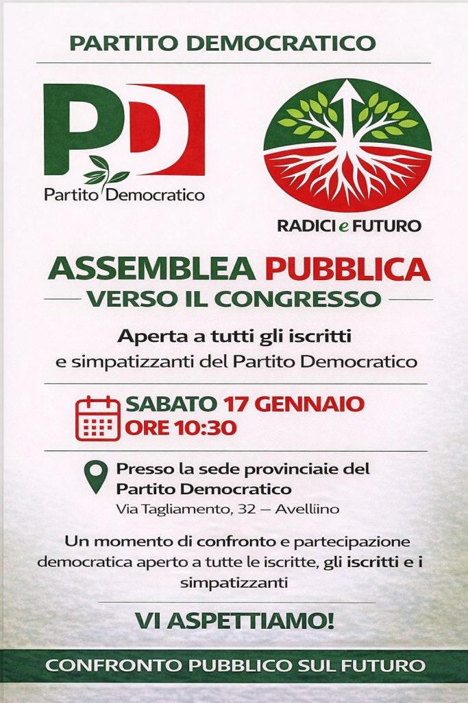 Verso il congresso PD: sabato 17 gennaio assemblea pubblica ad Avellino