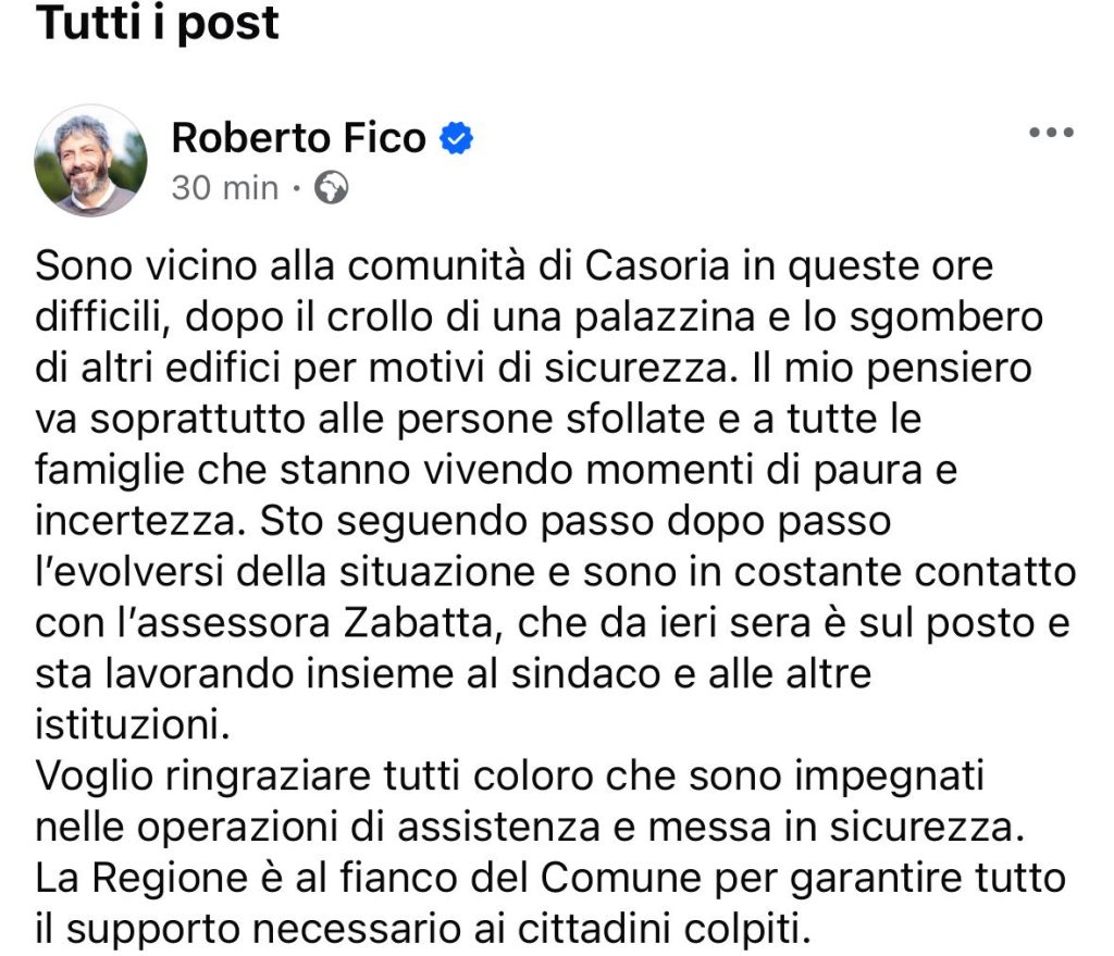 Crollo a Casoria, Fico: “La Regione al fianco della comunità colpita”