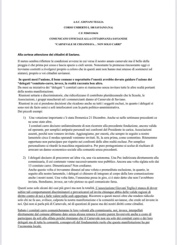 Saviano, polemica sull’organizzazione del Carnevale: l’A.S.C. Giovani Teglia denuncia esclusioni e decisioni unilaterali