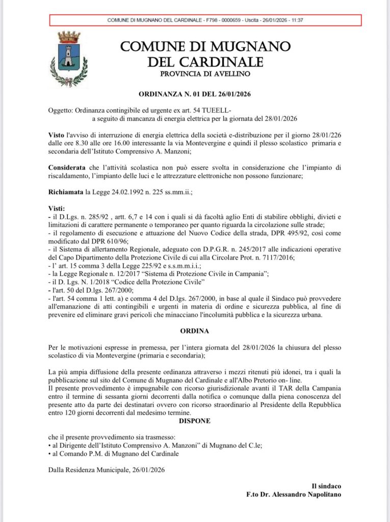 Mugnano del Cardinale, chiusura del plesso scolastico di via Montevergine il 28 gennaio 2026
