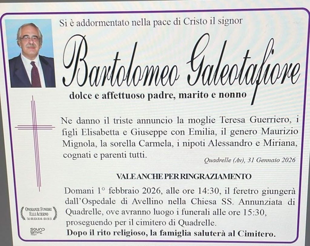 NON È PIÙ. Quadrelle, lutto Bartolomeo Galeotafiore