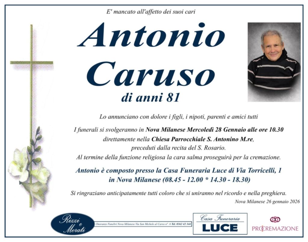NON È PIÙ. Avella/Milano, lutto Antonio Caruso