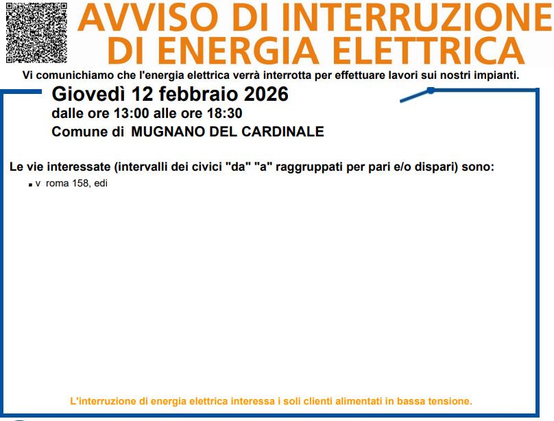 Mugnano del Cardinale, interruzione programmata dell’energia elettrica il 12 febbraio