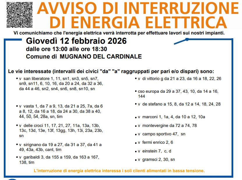 Mugnano del Cardinale, interruzione programmata dell’energia elettrica il 12 febbraio