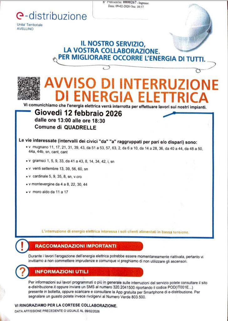 Quadrelle, interruzione programmata dell’energia elettrica il 12 febbraio