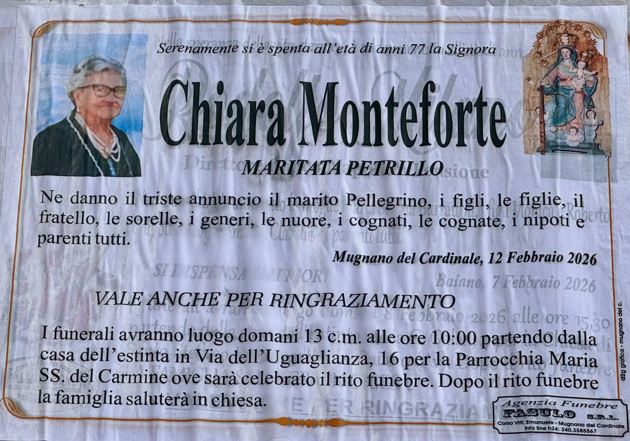 Mugnano del Cardinale in lutto per la scomparsa di Chiara Monteforte