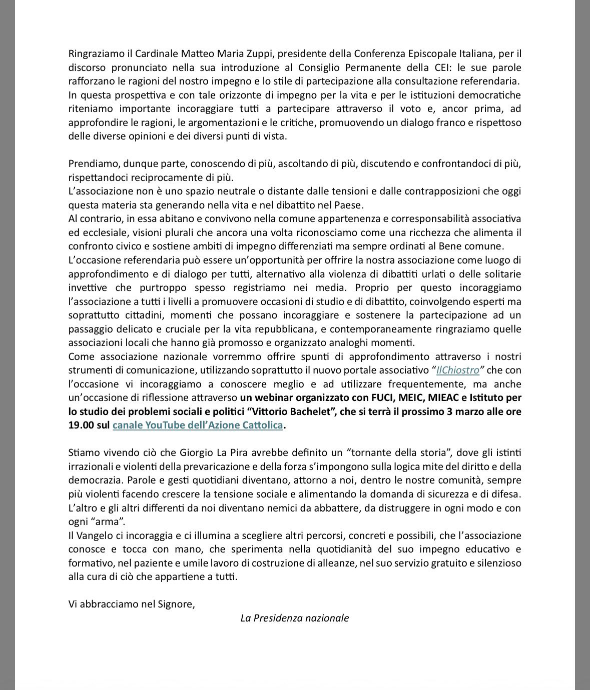 Referendum costituzionale, lettera dell’Azione Cattolica: “Partecipare al voto con responsabilità e spirito di dialogo”