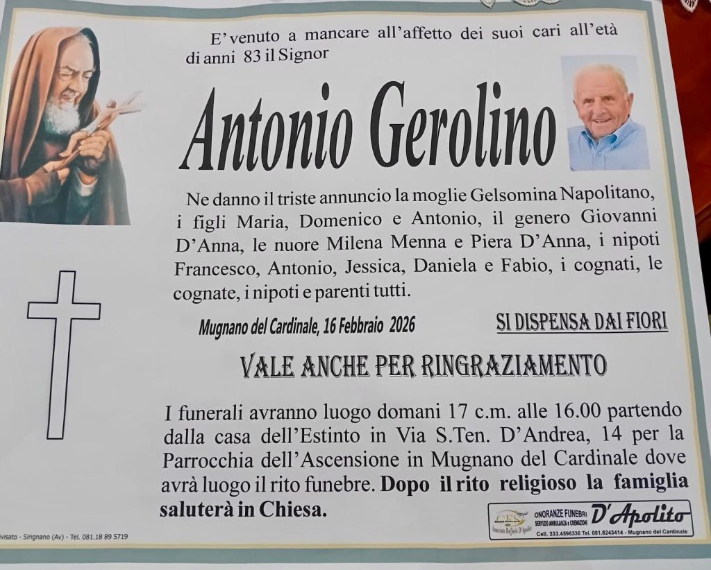 Non è più. Mugnano del Cardinale in lutto per la scomparsa di Antonio Gerolino Non è più. Mugnano del Cardinale in lutto per la scomparsa di Antonio Gerolino