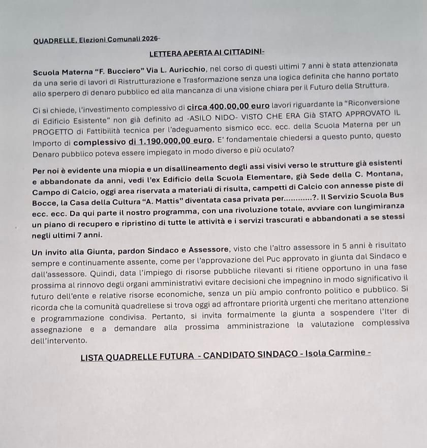 Quadrelle, lettera aperta di “Quadrelle Futura”: critiche sulla gestione dei fondi pubblici e richiesta di stop agli interventi.(foto) Quadrelle, lettera aperta di “Quadrelle Futura”: critiche sulla gestione dei fondi pubblici e richiesta di stop agli interventi.(foto)