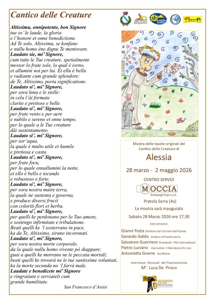 Alessia … “quando l’arte diventa preghiera”.  Al Centro Servizi Moccia di Pratola Serra in mostra i disegni originali del Cantico delle Creature di San Francesco realizzati dalla giovanissima artista all’età di 11 anni.
