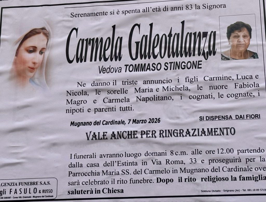 NON È PIU’. Mugnano del Cardinale in lutto per la scomparsa di Carmela Galeotalanza