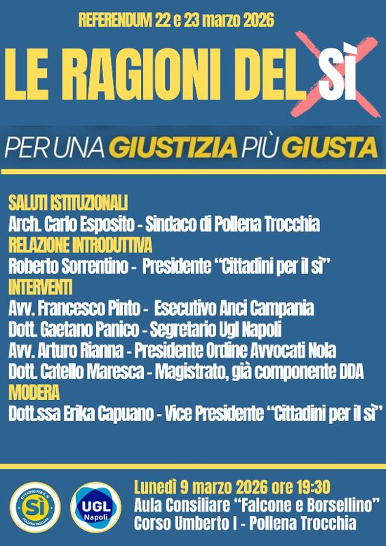 Pollena Trocchia, convegno sul referendum costituzionale: incontro pubblico per sostenere il “Sì” alla riforma della giustizia