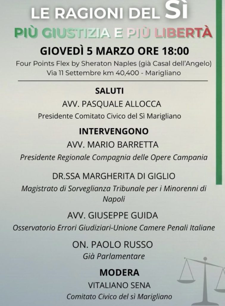 Marigliano, incontro pubblico su giustizia e libertà: “Le ragioni del Sì” Marigliano, incontro pubblico su giustizia e libertà: “Le ragioni del Sì”