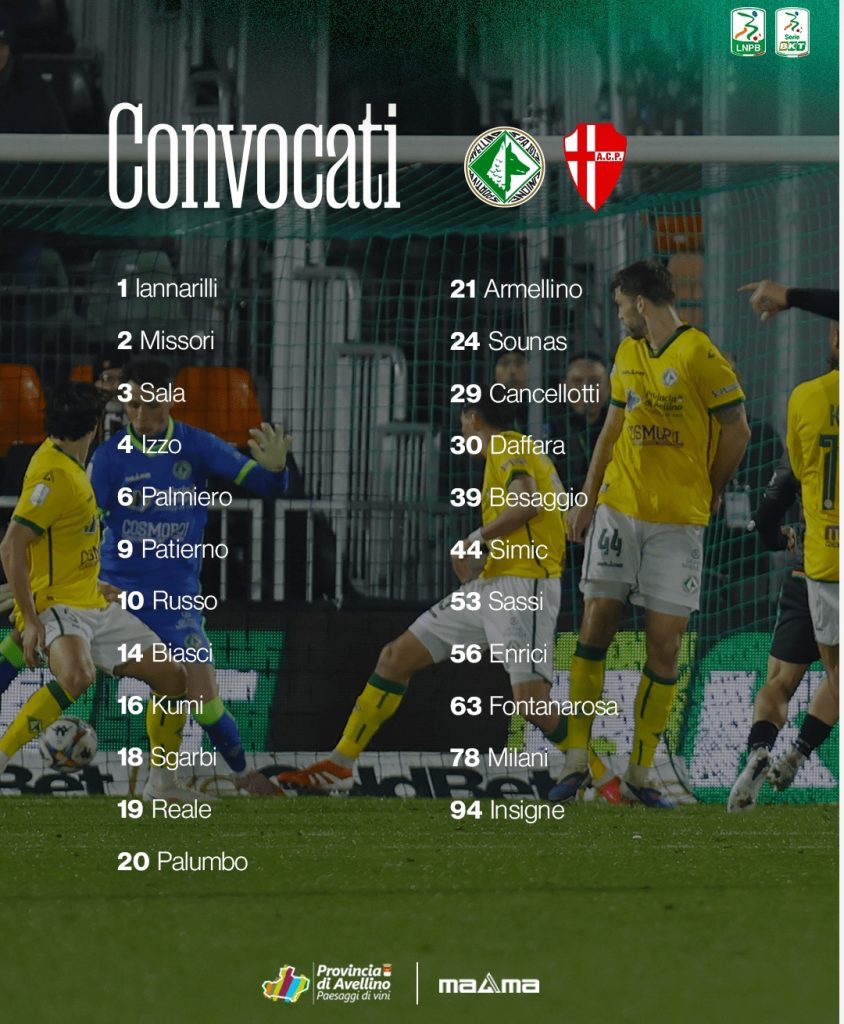 U.S. Avellino. I convocati per il match contro il Padova: cè Izzo