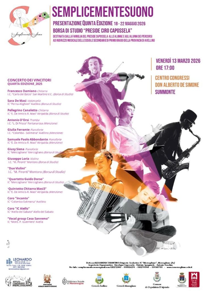 Summonte, presentazione della quinta edizione di “Semplicemente Suono” – Borsa di studio “Preside Ciro Capossela” Summonte, presentazione della quinta edizione di “Semplicemente Suono” – Borsa di studio “Preside Ciro Capossela”
