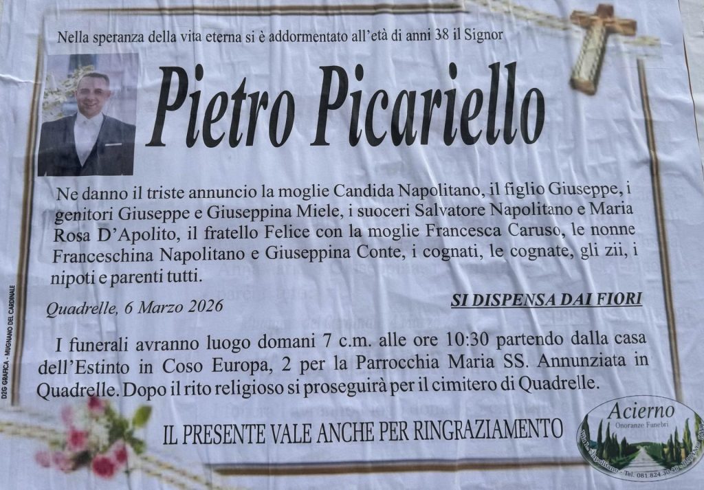 Quadrelle in lutto per la scomparsa prematura del vicesindaco Pietro Picariello di soli 38 anni