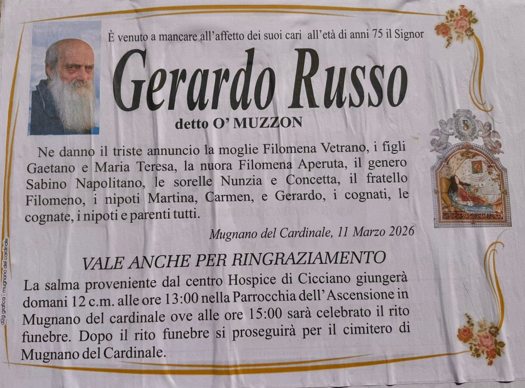 Non è più. Mugnano del Cardinale in lutto per la scomparsa di Gerardo Russo