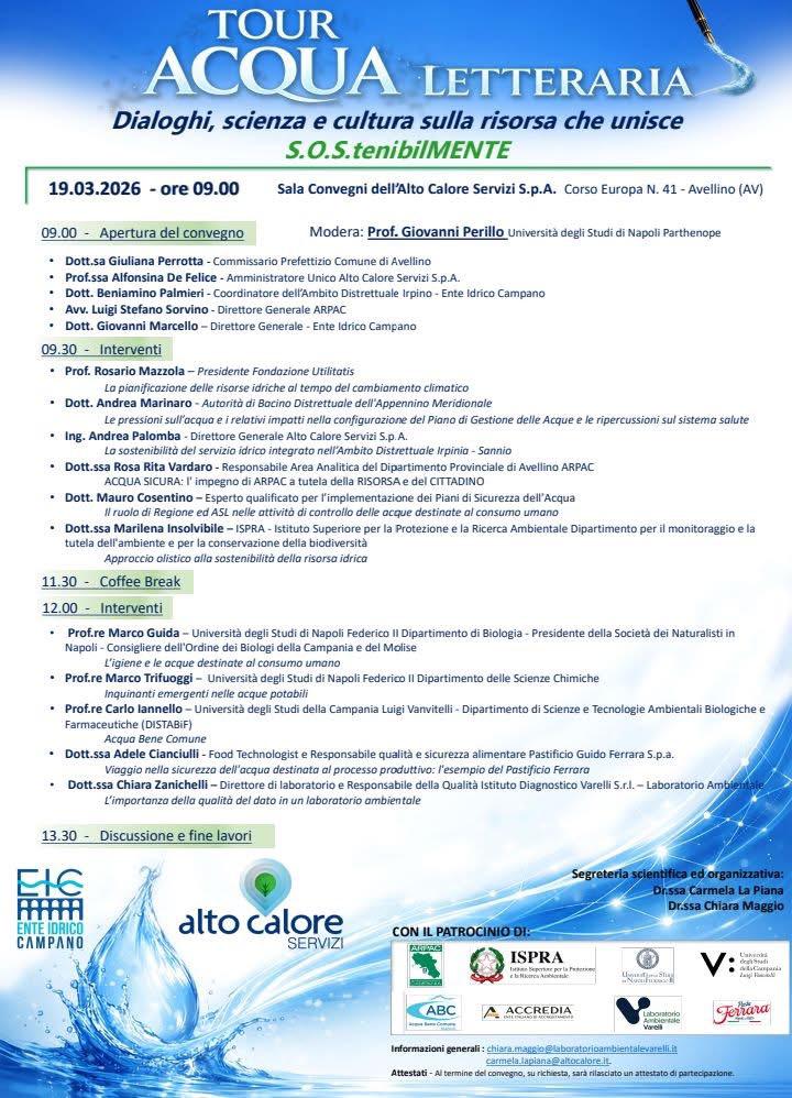 Avellino, il 19 marzo il “Tour Acqua Letteraria”: dialoghi su scienza, ambiente e sostenibilità